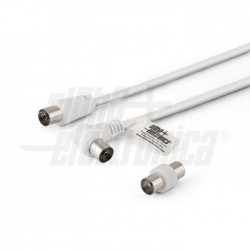 CAVO TV M F90 BIANCOADATT M M 2m POLYB  Cavo da spina TV Coax Ø9,5mm a presa 90° TV Coax Ø9,5mm   Con adattatore M/M   Bianco   