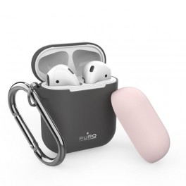 Puro Custodia in silicone per Airpods 2016 / 2019 con cappuccio addizionale e gancio, Dark Grey