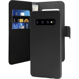 Puro Cust  Ecopelle Samsung S10+ 6 4  Con Flip Oriz +Cover Magn Staccab+3 Vani+Tasca Banconote, Nero