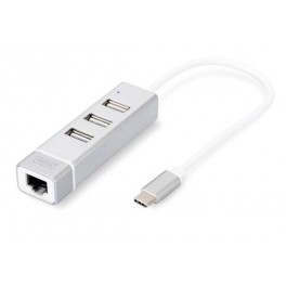 HUB CON 3 PORTE USB 2 0 TIPO  A   USB C HUB CON 3 PORTE USB 2 0 TIPO  A  E 1 PORTA RETE RJ45 , CONNETTORE MASCHIO TIPO  C 