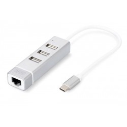HUB CON 3 PORTE USB 2 0 TIPO  A   USB C HUB CON 3 PORTE USB 2 0 TIPO  A  E 1 PORTA RETE RJ45 , CONNETTORE MASCHIO TIPO  C 