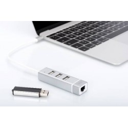 HUB CON 3 PORTE USB 2 0 TIPO  A   USB C HUB CON 3 PORTE USB 2 0 TIPO  A  E 1 PORTA RETE RJ45 , CONNETTORE MASCHIO TIPO  C 