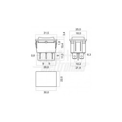 Pulsante bilancere 2P on/off/on F6 3 Deviatore   Nero   2P   DPCO   (ON)/OFF/(ON)   15A@250V   6 term  faston 6,3